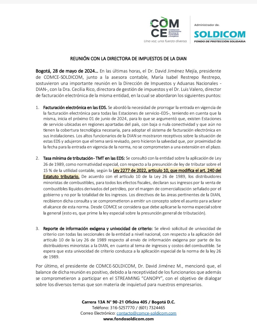 Comunicado COMCE- SOLDICOM Reunión con la Directora de Impuestos de la DIAN