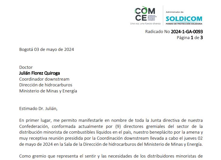 Comunicado COMCE- SOLDICOM. Reunión entre los representantes gremiales del sector minorista de combustibles, liderados por COMCE y el Ministerio de Minas y Energía. Avances y compromisos con el sector minorista de combustibles.